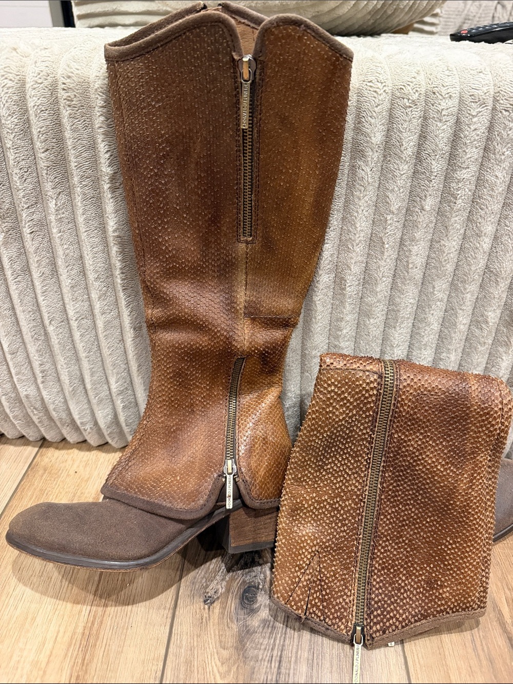 Donald J. Pliner Textured Brown Leather Knee Boots with Side Zips - Picture 2 of 12
